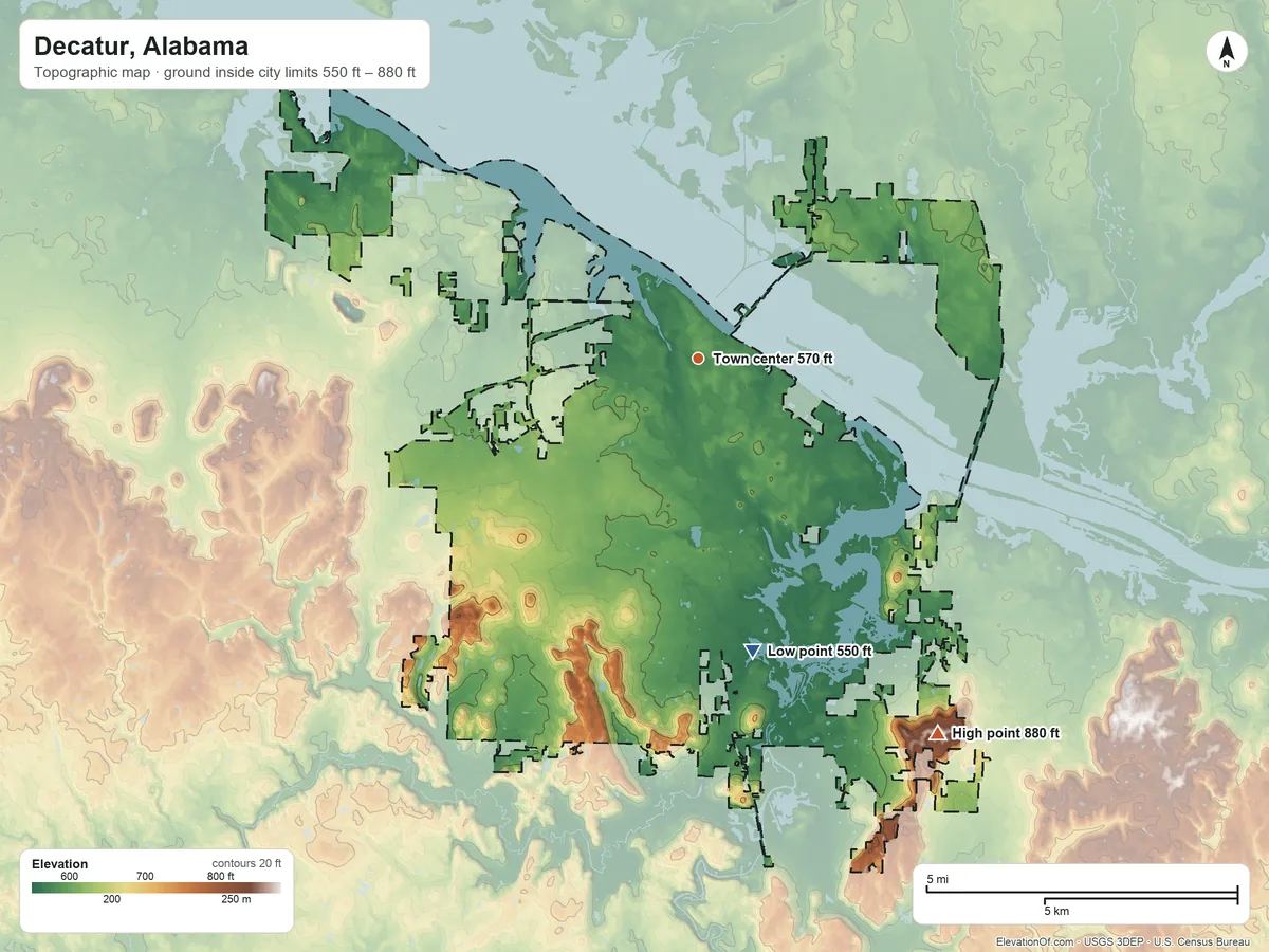 Topographic elevation map of Decatur, Alabama, shaded from 550 ft on the south side to 880 ft on Burleson Mountain