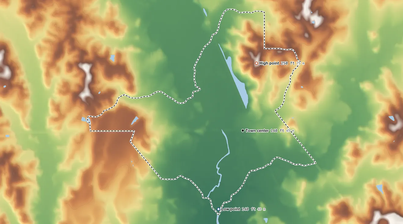 Topographic elevation map of Deer Park, Alabama, shaded from 140 ft on the south side to 250 ft on the north side