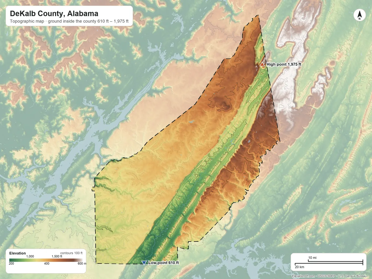 Topographic elevation map of DeKalb County, Alabama, shaded from 610 ft on the south side to 1,975 ft on Fox Mountain