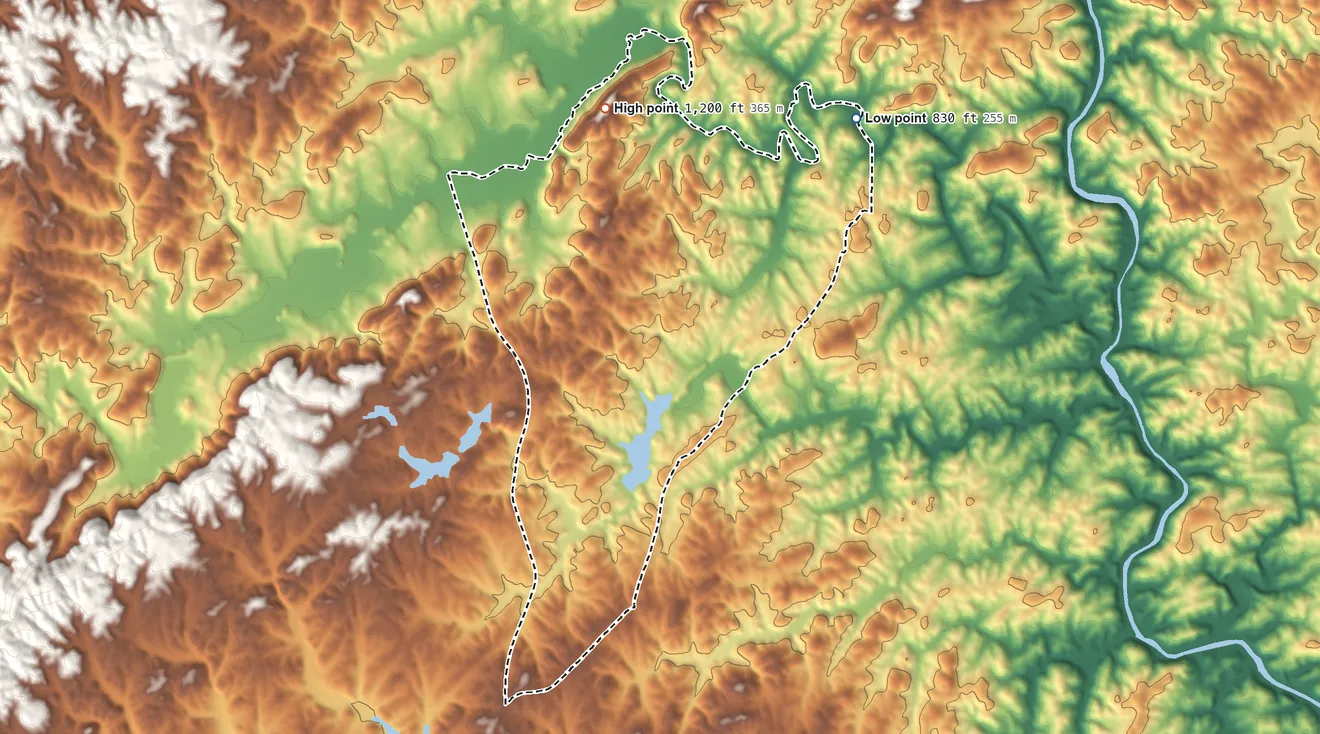 Topographic elevation map of Delta, Alabama, shaded from 830 ft on the northeast side to 1,200 ft on the north side