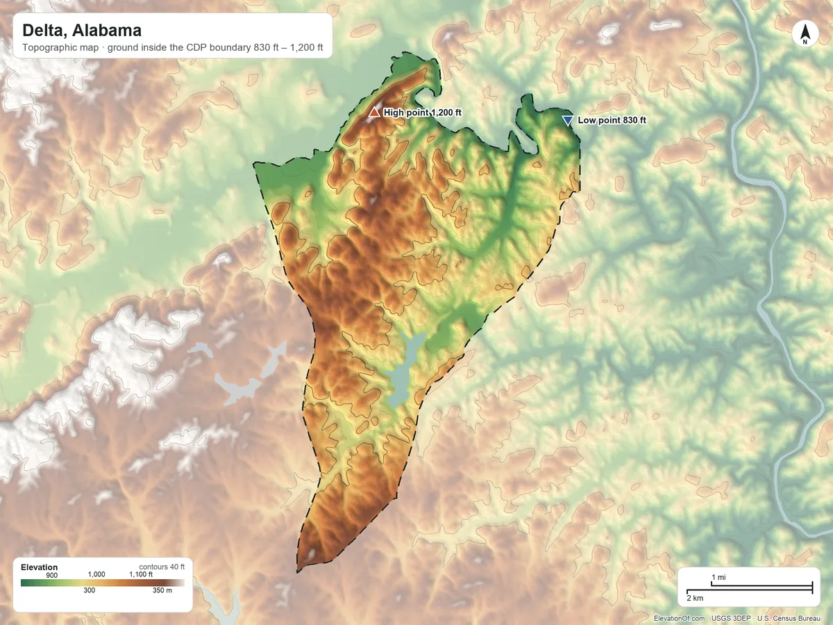 Topographic elevation map of Delta, Alabama, shaded from 830 ft on the northeast side to 1,200 ft on the north side