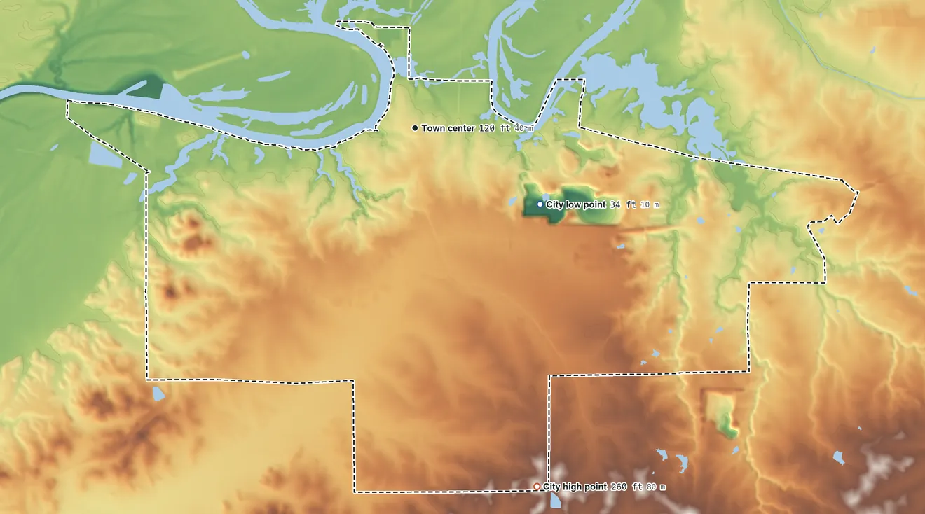 Topographic elevation map of Demopolis, Alabama, shaded from 34 ft on the southeast side to 260 ft on the south side