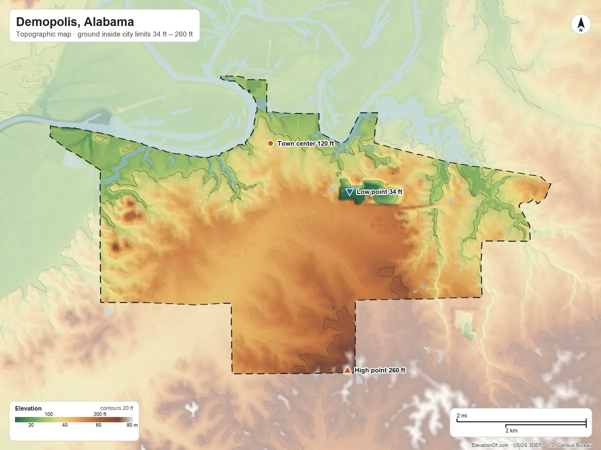 Topographic elevation map of Demopolis, Alabama, shaded from 34 ft on the southeast side to 260 ft on the south side
