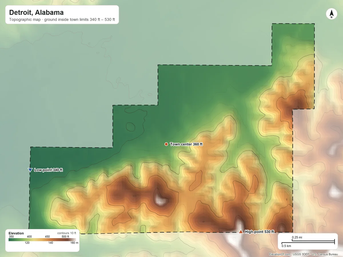 Topographic elevation map of Detroit, Alabama, shaded from 340 ft on the west side to 530 ft on the southeast side