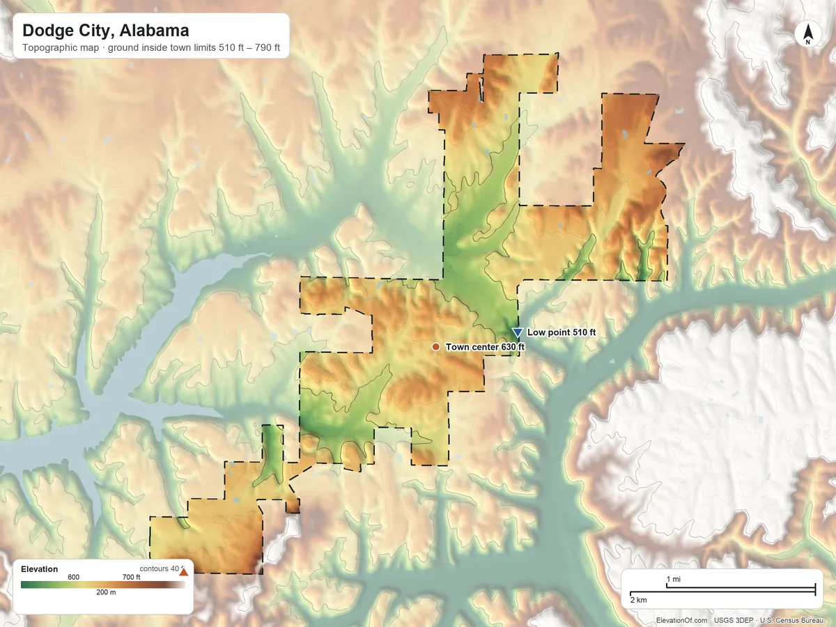 Topographic elevation map of Dodge City, Alabama, shaded from 510 ft on the east side to 790 ft on the southwest side