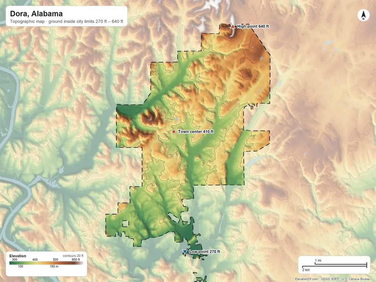 Topographic elevation map of Dora, Alabama, shaded from 270 ft on the south side to 640 ft on the northeast side