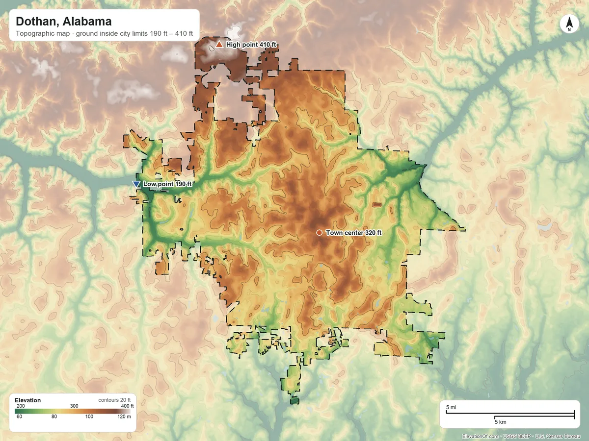 Topographic elevation map of Dothan, Alabama, shaded from 190 ft on the west side to 410 ft on the northwest side