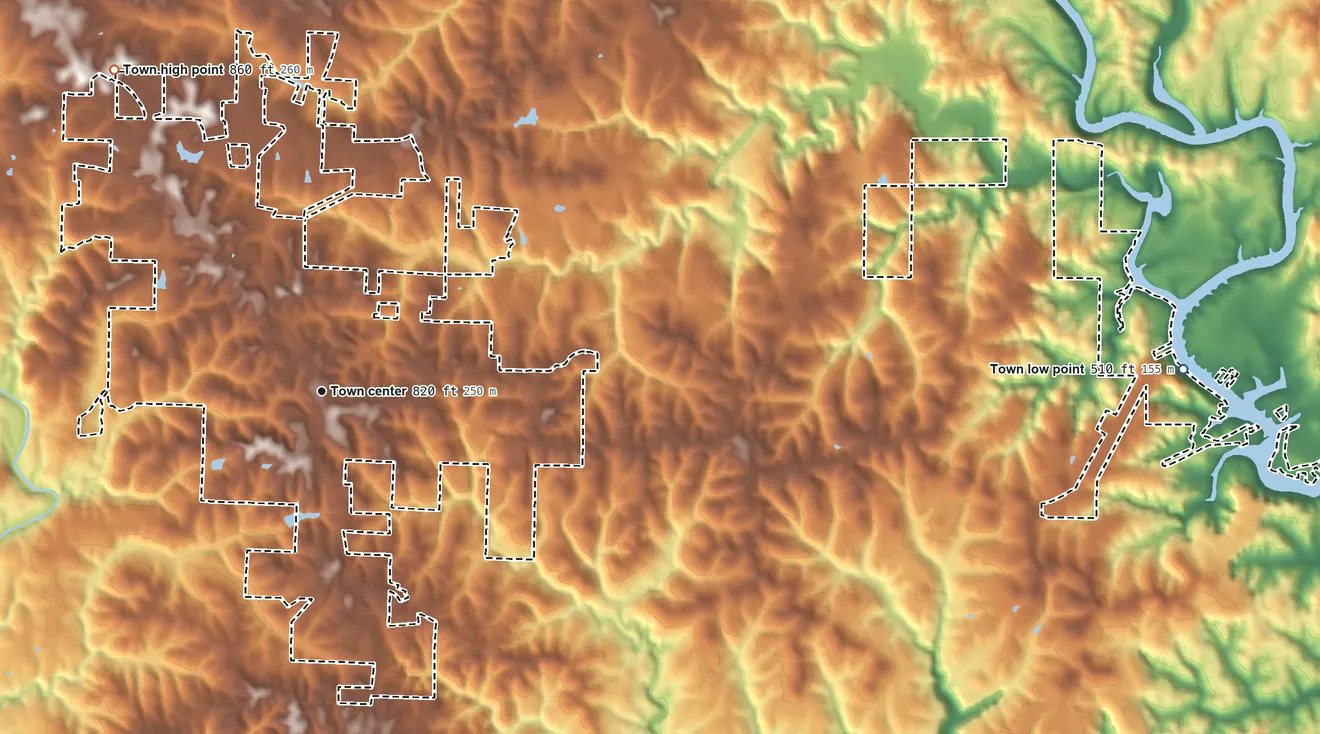 Topographic elevation map of Double Springs, Alabama, shaded from 510 ft on the east side to 860 ft on the northwest side