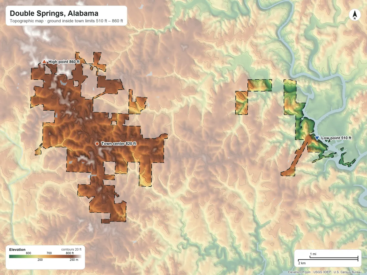 Topographic elevation map of Double Springs, Alabama, shaded from 510 ft on the east side to 860 ft on the northwest side