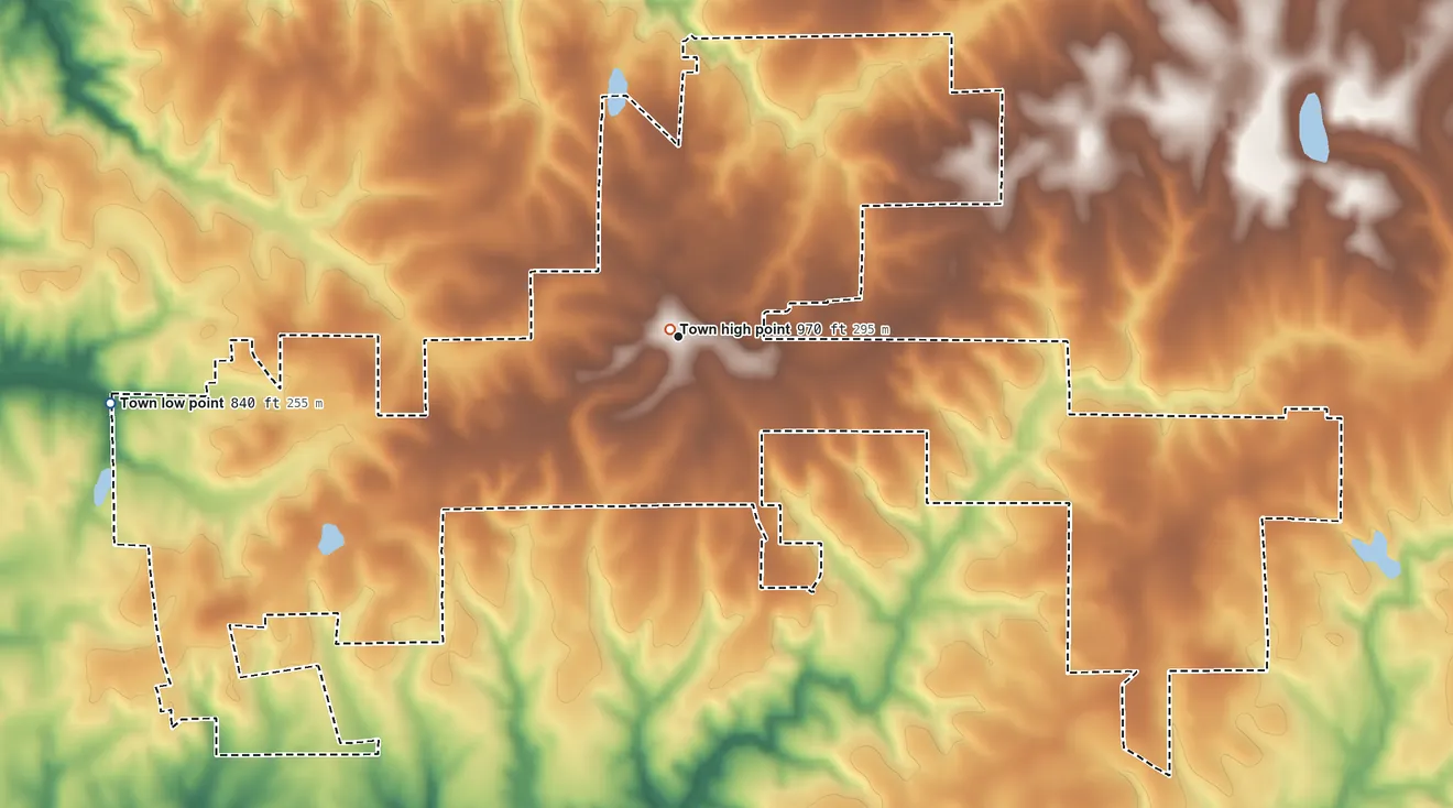 Topographic elevation map of Douglas, Alabama, shaded from 840 ft on the west side to 970 ft near the middle