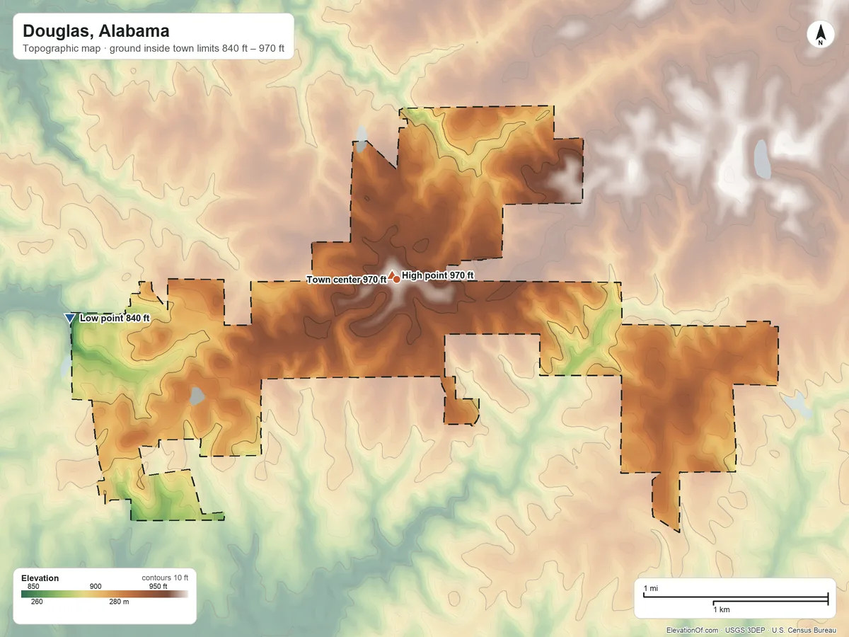 Topographic elevation map of Douglas, Alabama, shaded from 840 ft on the west side to 970 ft near the middle