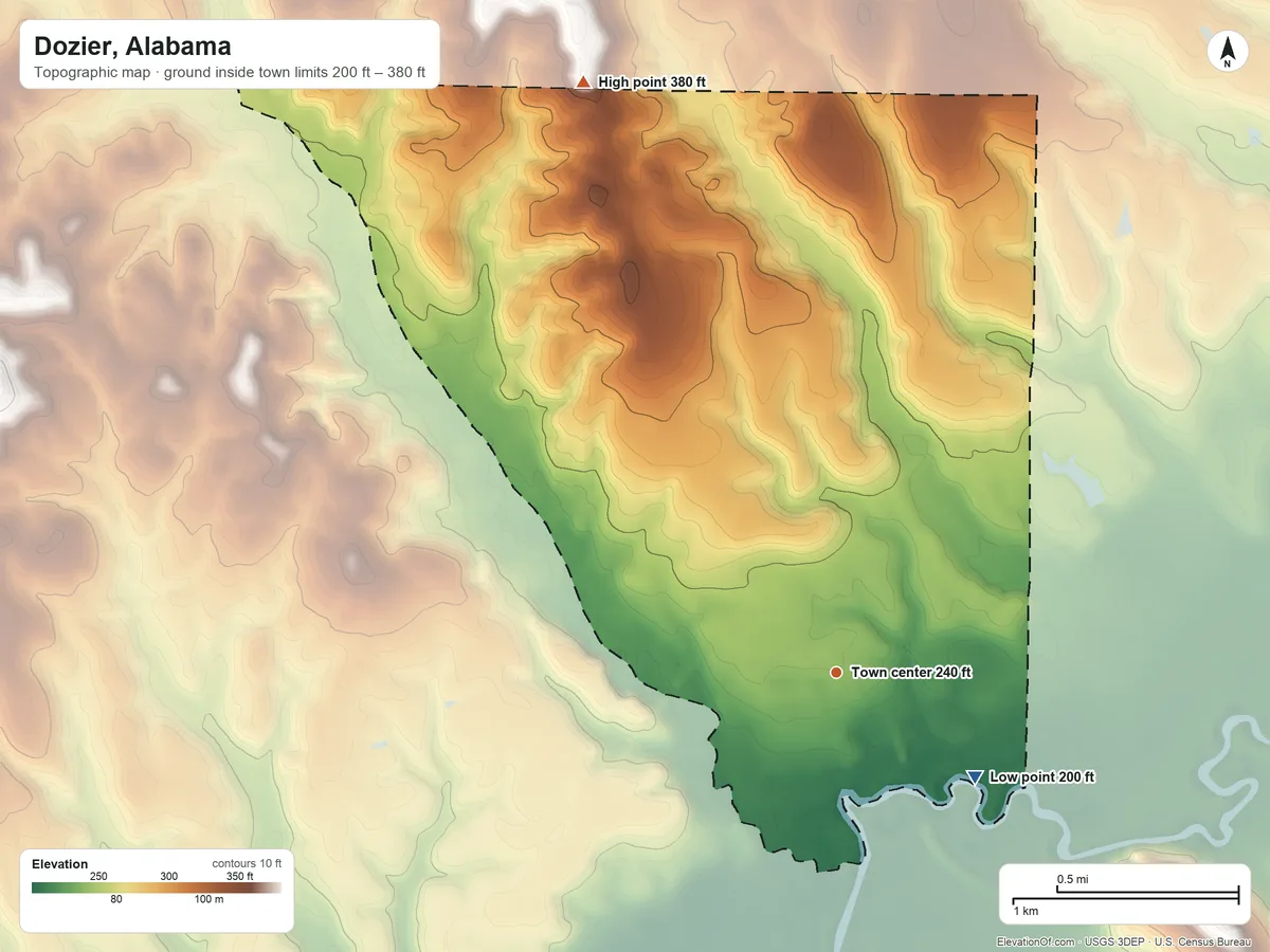 Topographic elevation map of Dozier, Alabama, shaded from 200 ft on the southeast side to 380 ft on the northwest side