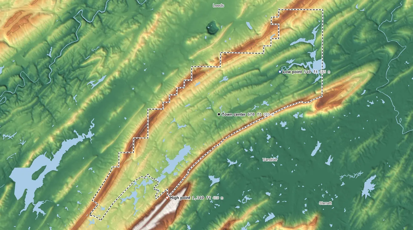 Topographic elevation map of Dunnavant, Alabama, shaded from 540 ft on the northeast side to 1,340 ft on the southwest side