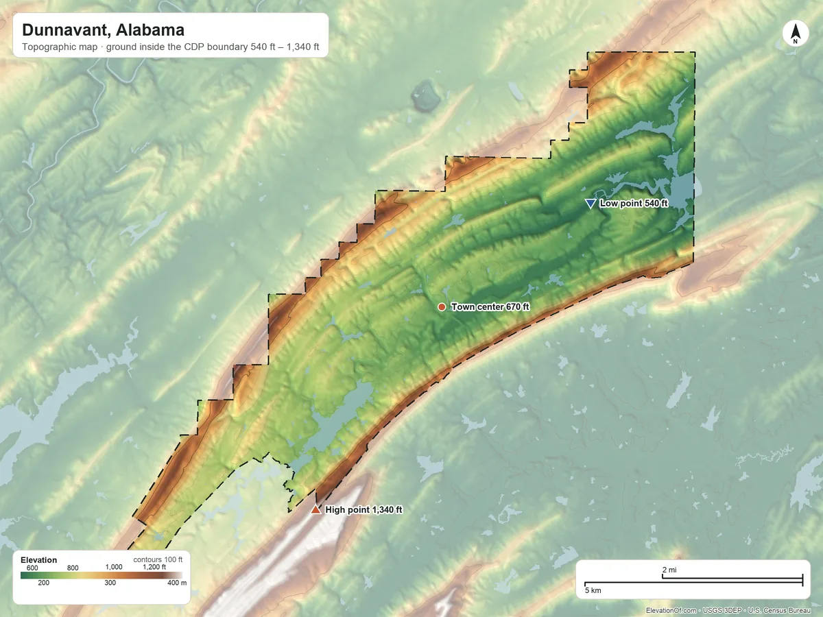Topographic elevation map of Dunnavant, Alabama, shaded from 540 ft on the northeast side to 1,340 ft on the southwest side