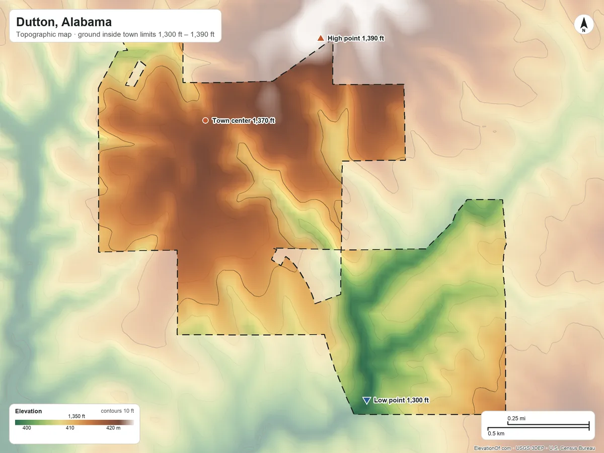Topographic elevation map of Dutton, Alabama, shaded from 1,300 ft on the southeast side to 1,390 ft on the northeast side