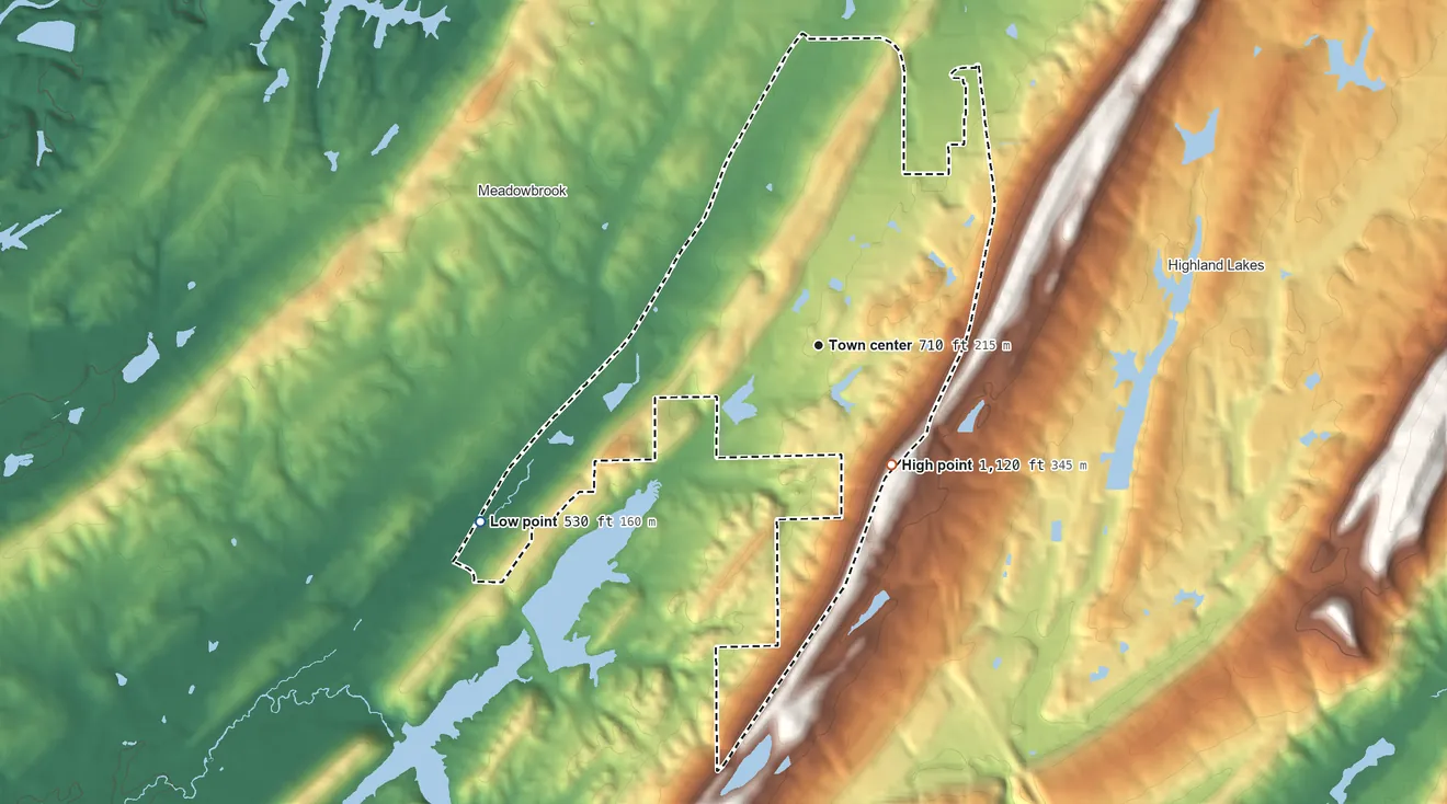 Topographic elevation map of Eagle Point, Alabama, shaded from 530 ft on the southwest side to 1,120 ft on the southeast side