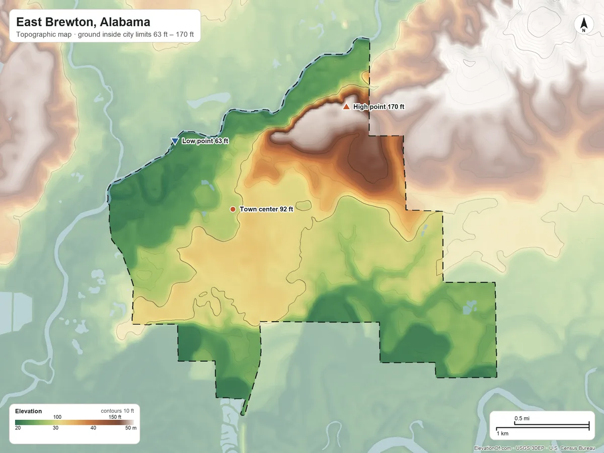 Topographic elevation map of East Brewton, Alabama, shaded from 63 ft on the northwest side to 170 ft on the northeast side