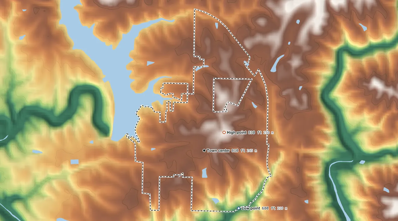 Topographic elevation map of East Point, Alabama, shaded from 680 ft on the southeast side to 830 ft on the northeast side