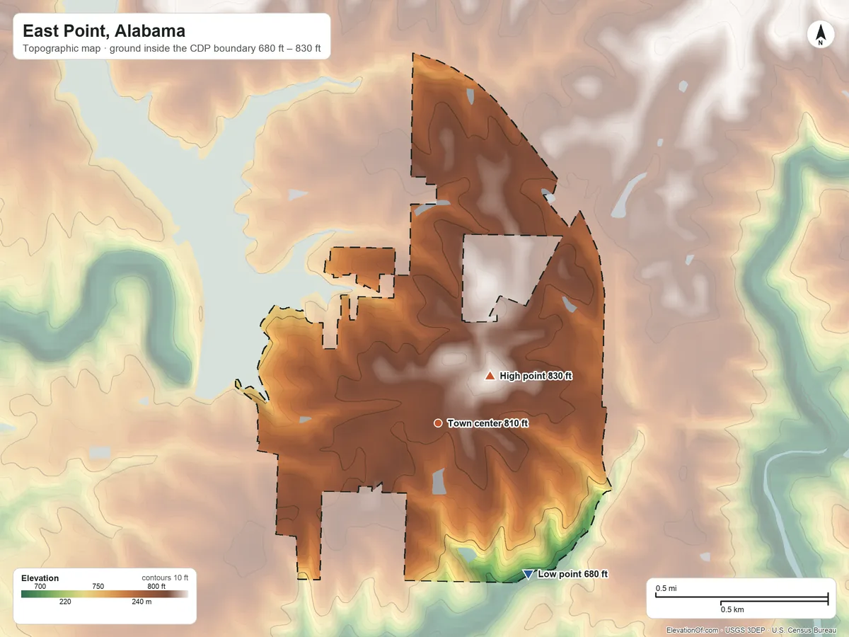 Topographic elevation map of East Point, Alabama, shaded from 680 ft on the southeast side to 830 ft on the northeast side