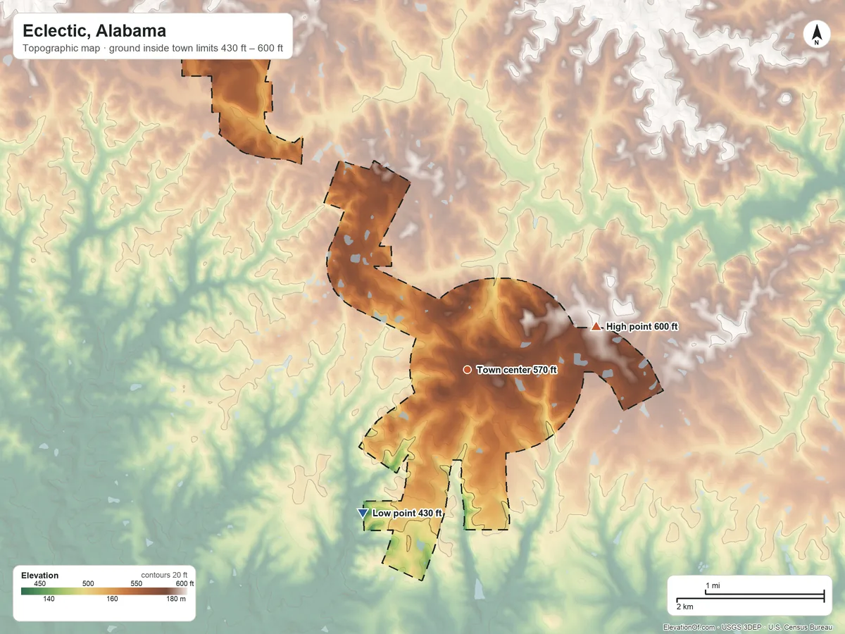 Topographic elevation map of Eclectic, Alabama, shaded from 430 ft on the southwest side to 600 ft on the east side