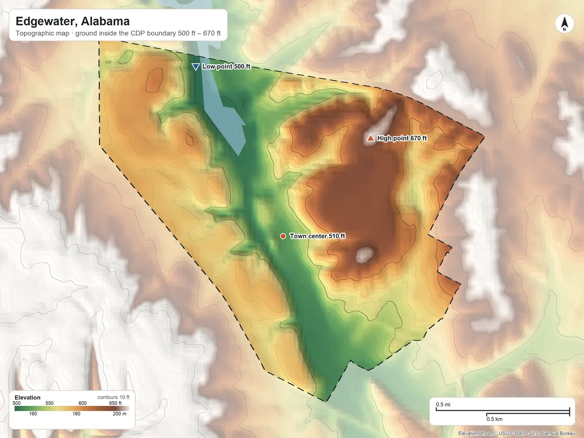 Topographic elevation map of Edgewater, Alabama, shaded from 500 ft on the northwest side to 670 ft on the northeast side