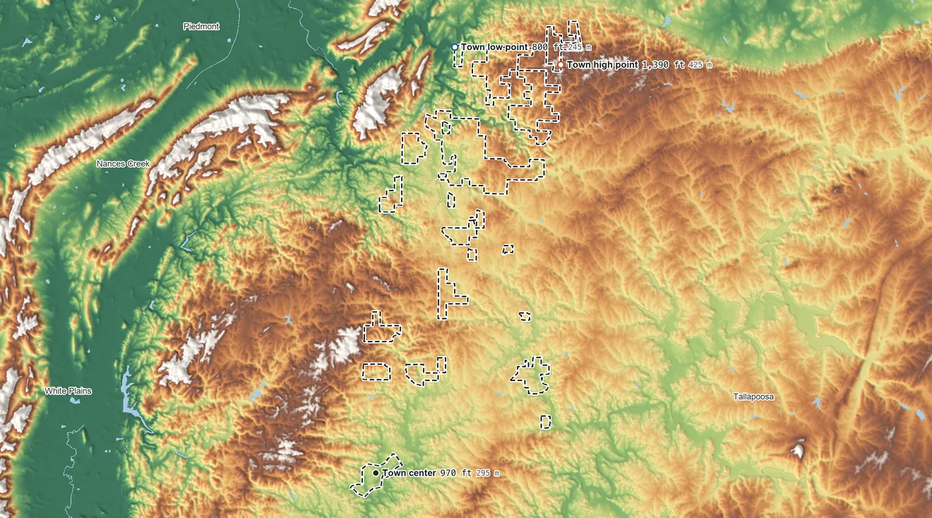 Topographic elevation map of Edwardsville, Alabama, shaded from 800 ft on the north side to 1,390 ft on the northeast side