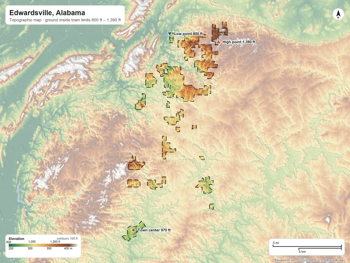 Topographic elevation map of Edwardsville, Alabama, shaded from 800 ft on the north side to 1,390 ft on the northeast side