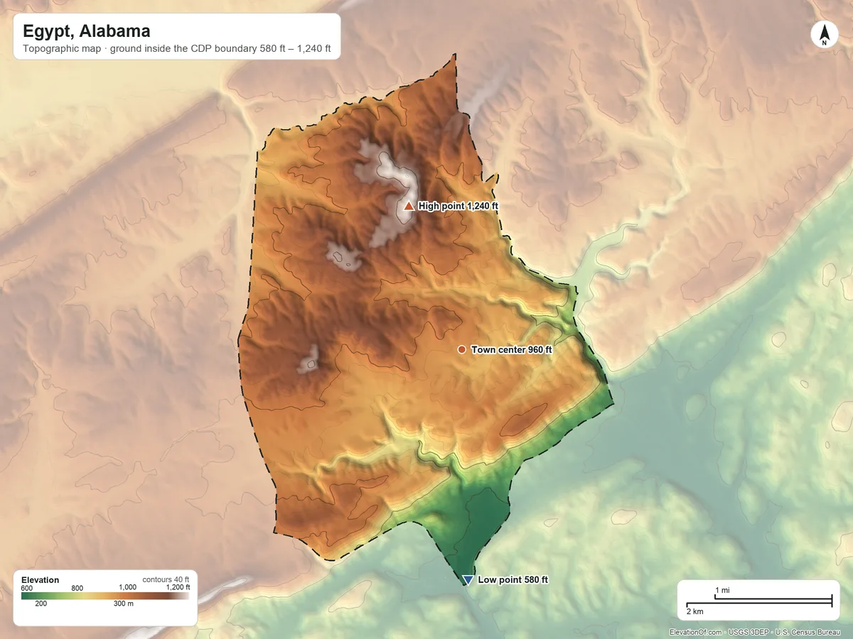 Topographic elevation map of Egypt, Alabama, shaded from 580 ft on the south side to 1,240 ft on the north side