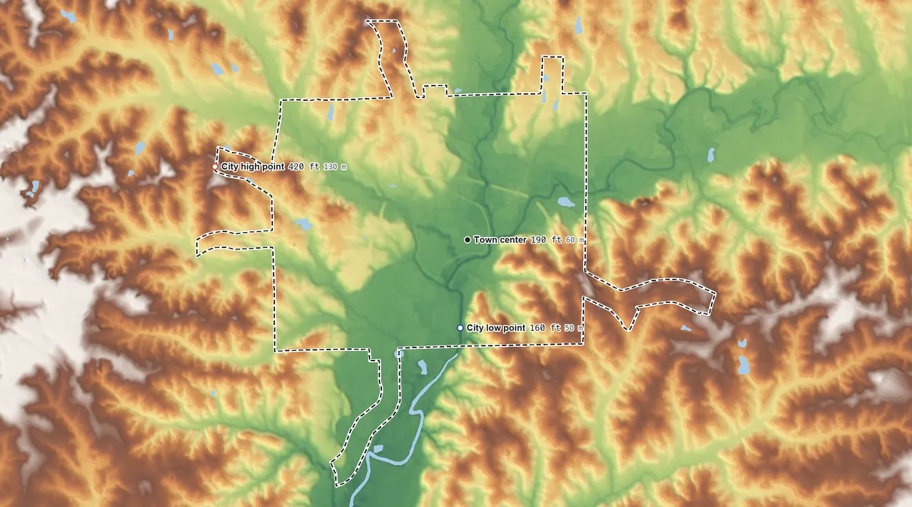 Topographic elevation map of Elba, Alabama, shaded from 160 ft on the south side to 420 ft on the west side