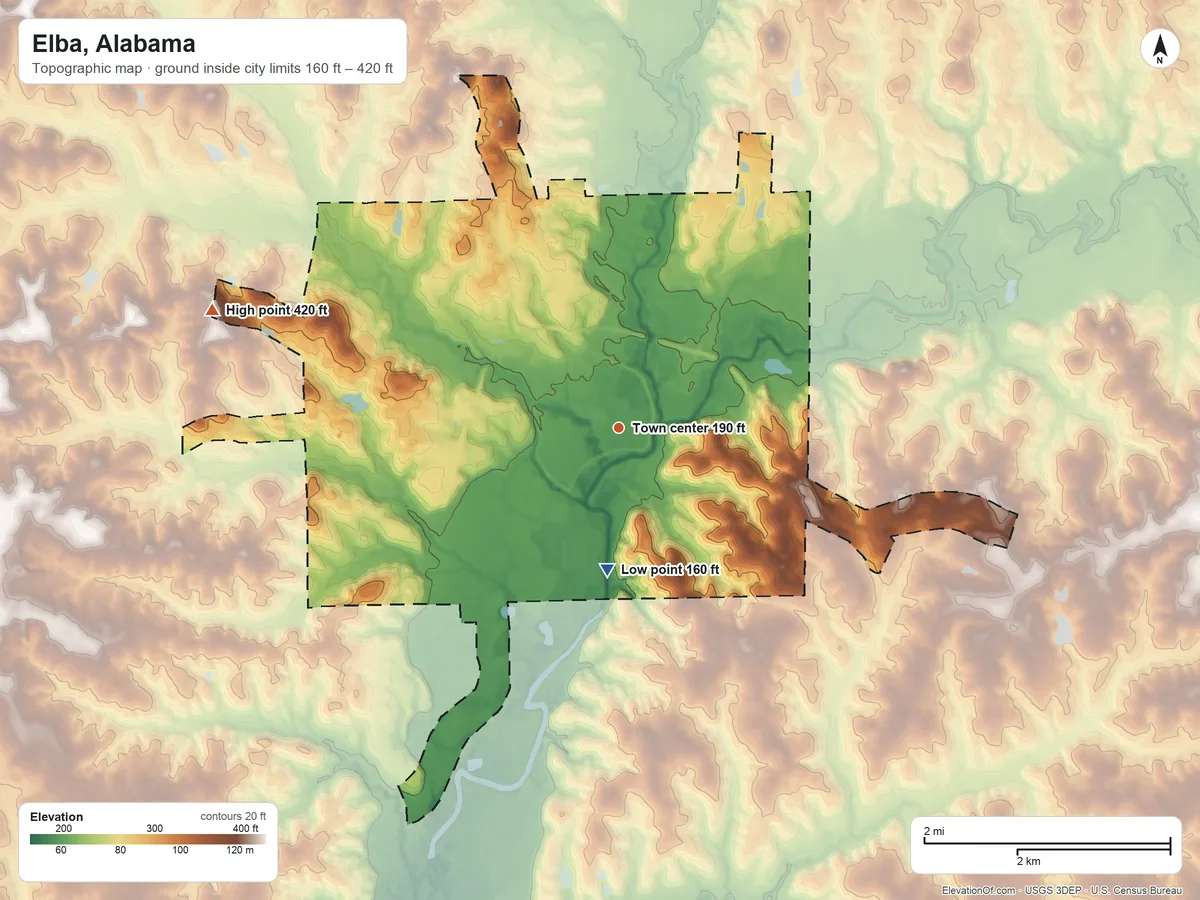 Topographic elevation map of Elba, Alabama, shaded from 160 ft on the south side to 420 ft on the west side