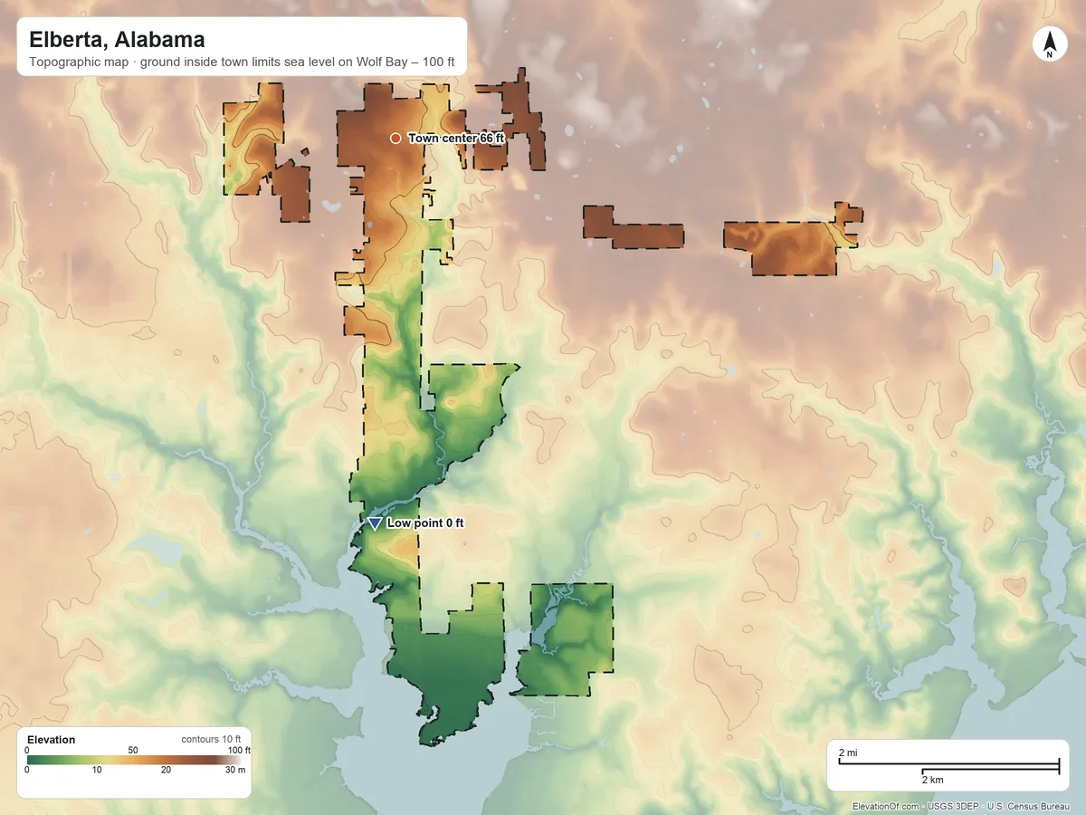 Topographic elevation map of Elberta, Alabama, shaded from sea level level on Wolf Bay to 100 ft on the north side