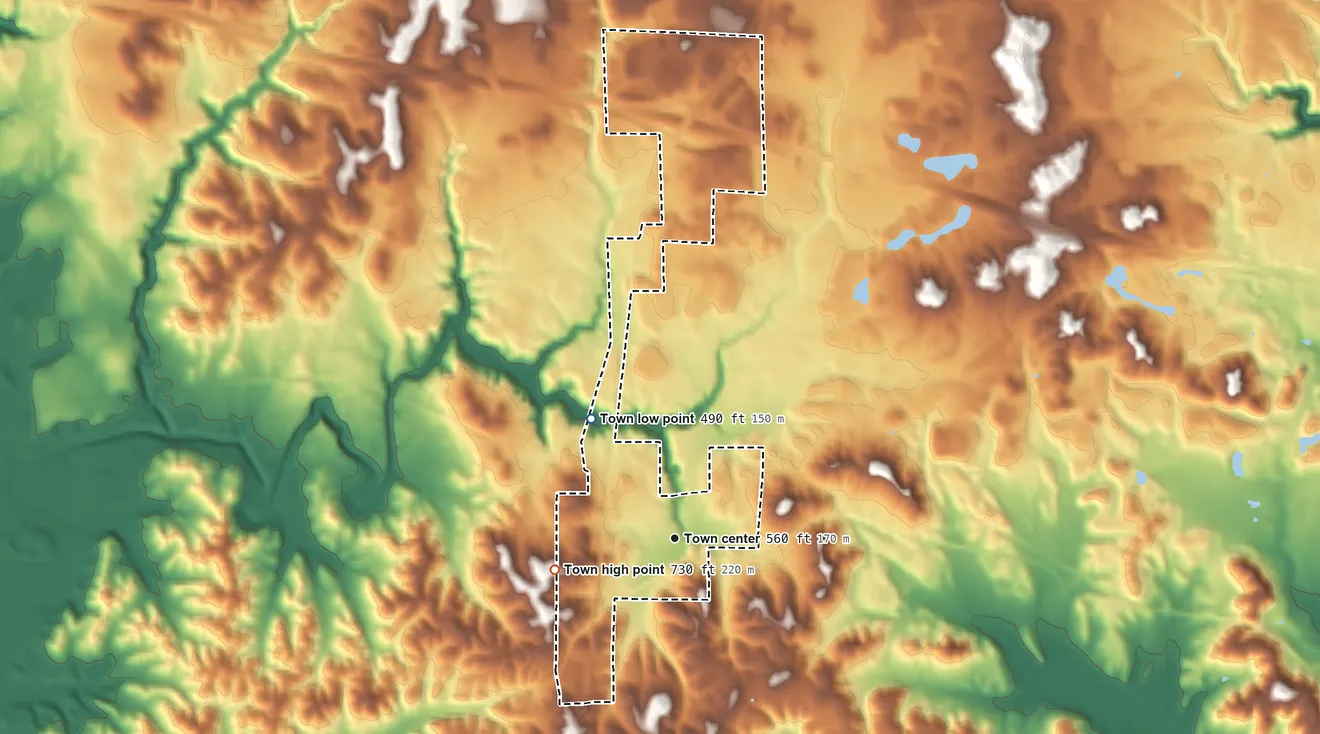 Topographic elevation map of Eldridge, Alabama, shaded from 490 ft on the northwest side to 730 ft on the west side