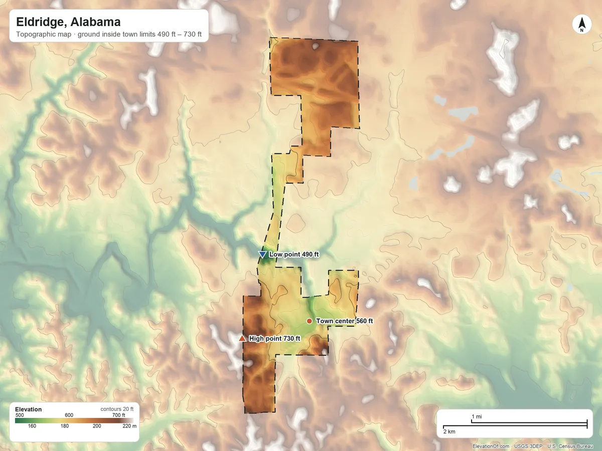 Topographic elevation map of Eldridge, Alabama, shaded from 490 ft on the northwest side to 730 ft on the west side