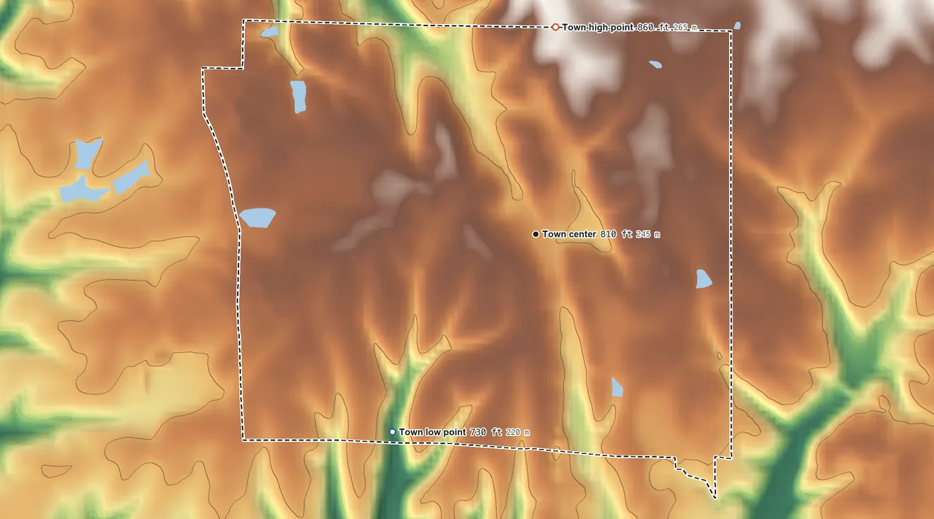Topographic elevation map of Elkmont, Alabama, shaded from 730 ft on the southwest side to 860 ft on the north side