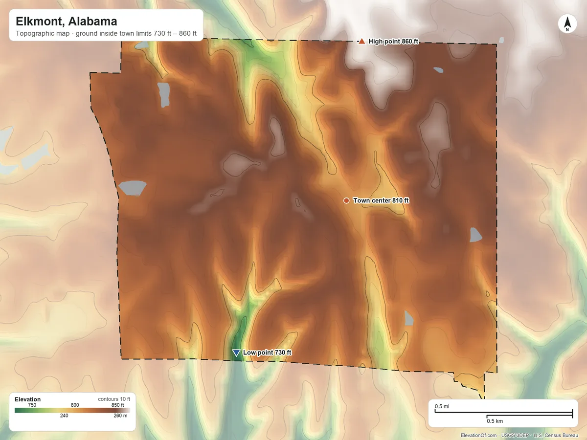 Topographic elevation map of Elkmont, Alabama, shaded from 730 ft on the southwest side to 860 ft on the north side