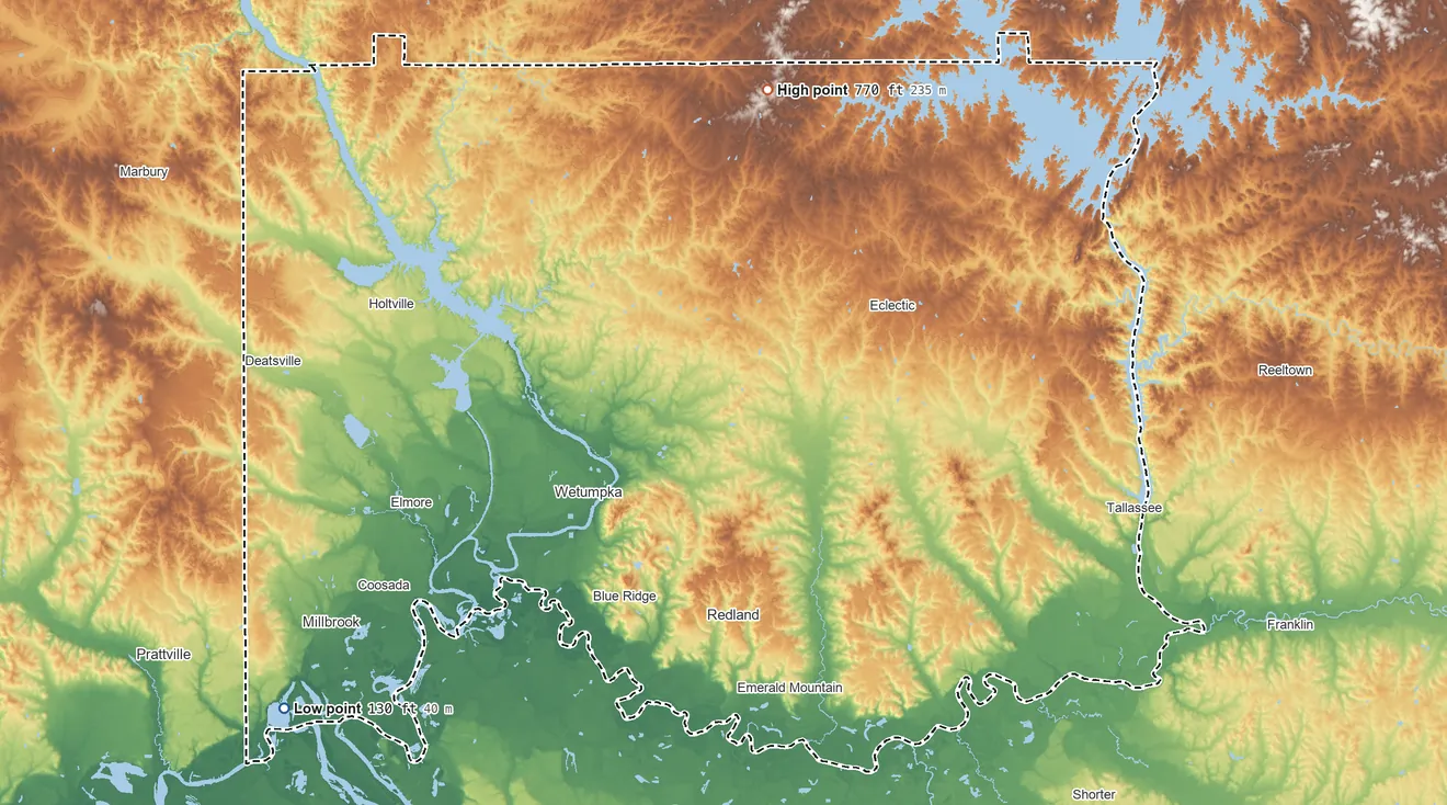 Topographic elevation map of Elmore County, Alabama, shaded from 130 ft on the southwest side to 770 ft on the north side
