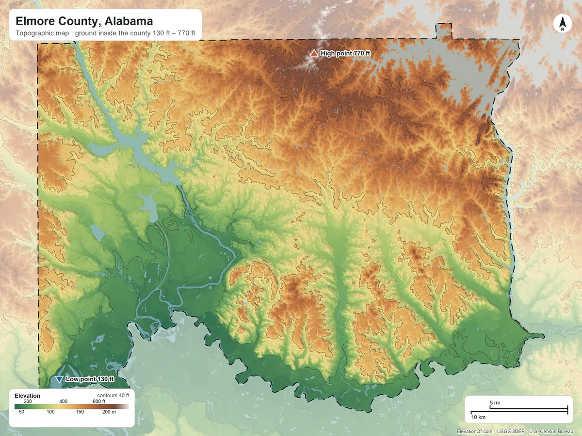 Topographic elevation map of Elmore County, Alabama, shaded from 130 ft on the southwest side to 770 ft on the north side