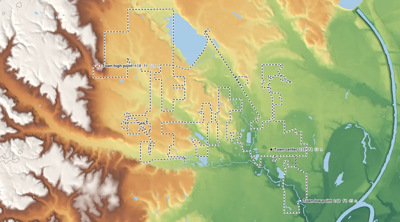 Topographic elevation map of Elmore, Alabama, shaded from 140 ft on the southeast side to 410 ft on the northwest side