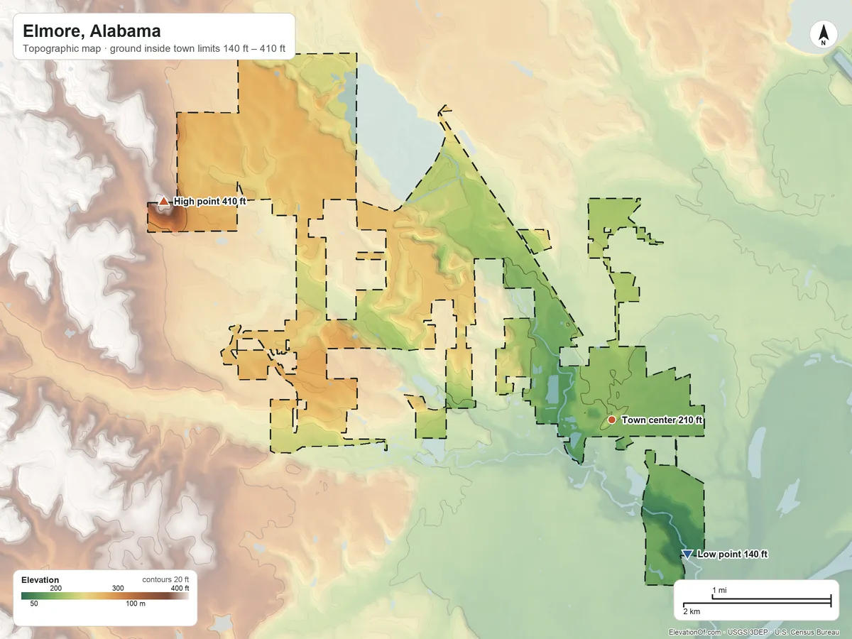 Topographic elevation map of Elmore, Alabama, shaded from 140 ft on the southeast side to 410 ft on the northwest side