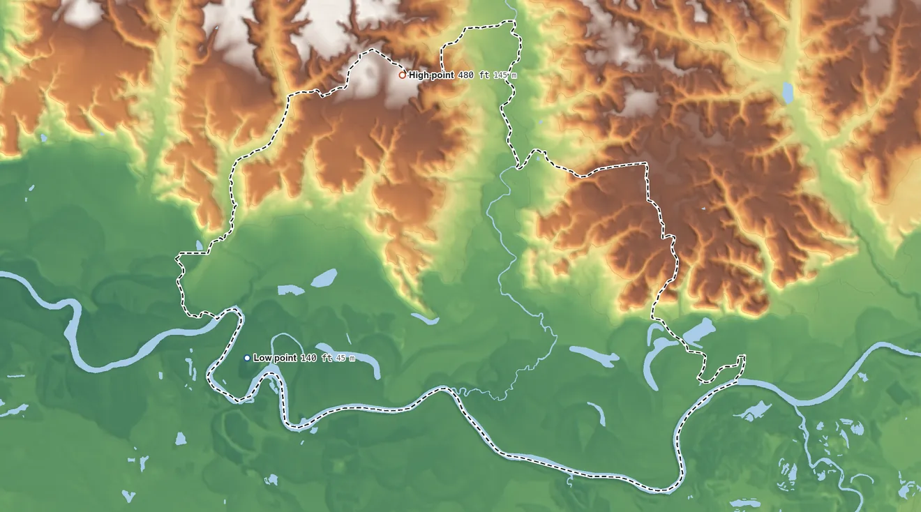 Topographic elevation map of Emerald Mountain, Alabama, shaded from 140 ft on the southwest side to 480 ft on the north side
