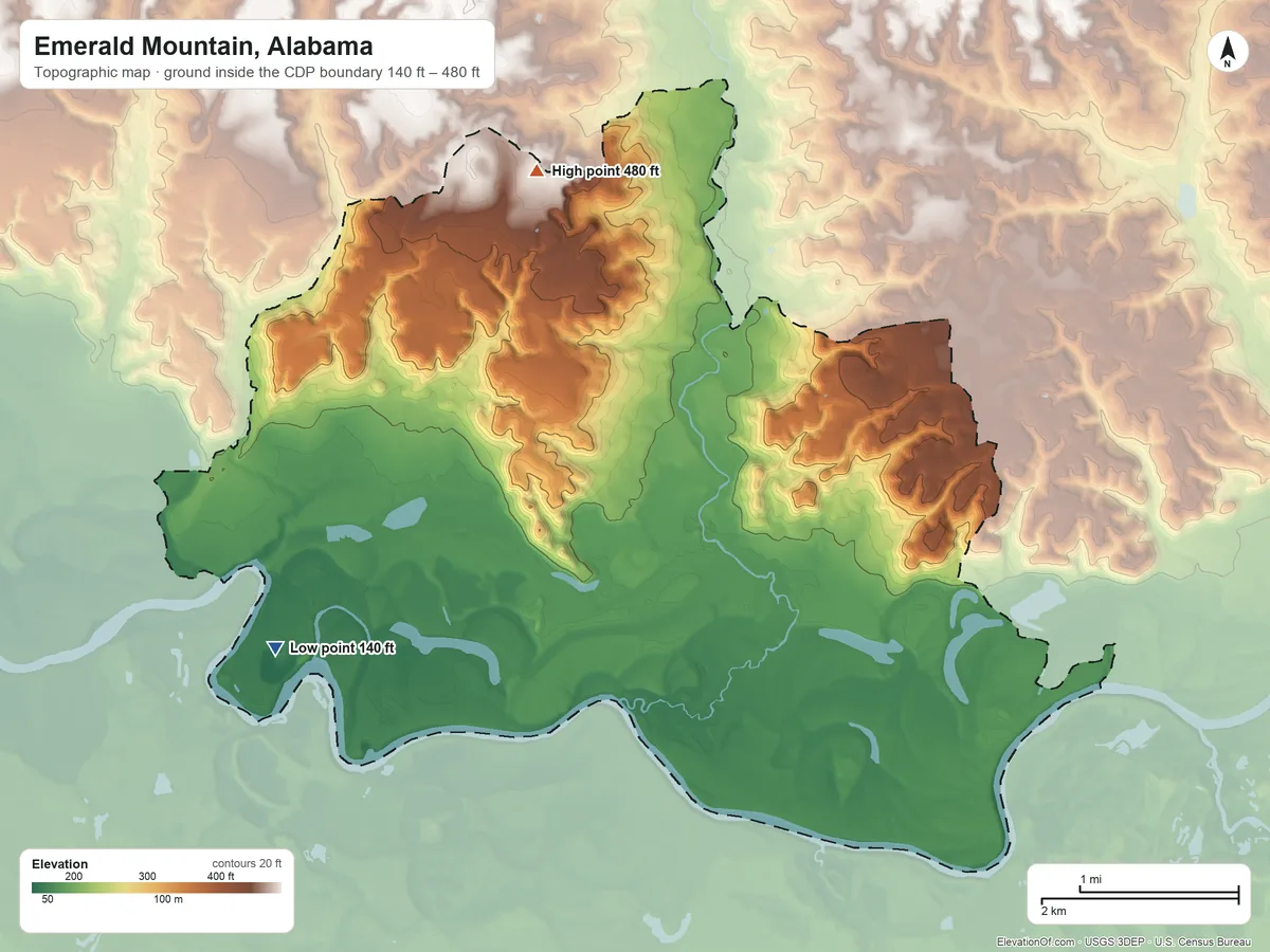 Topographic elevation map of Emerald Mountain, Alabama, shaded from 140 ft on the southwest side to 480 ft on the north side