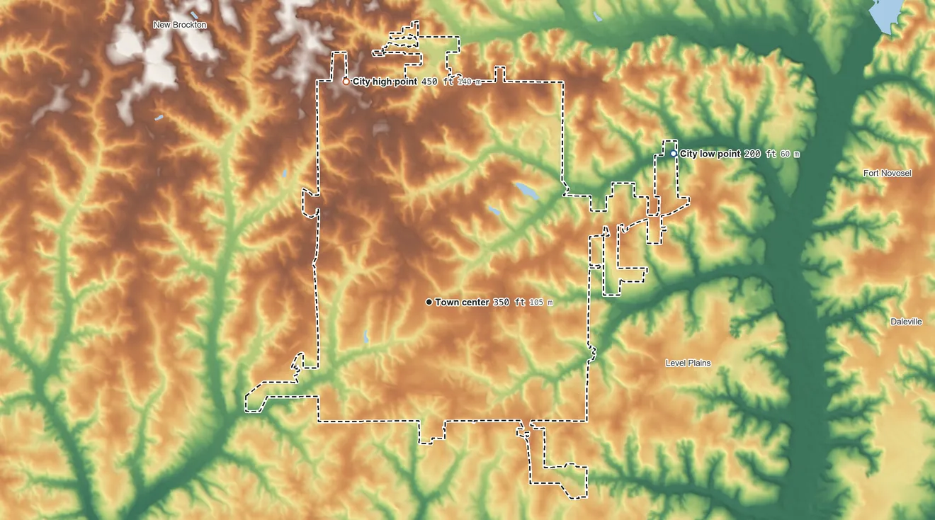 Topographic elevation map of Enterprise, Alabama, shaded from 200 ft on the northeast side to 450 ft on the north side