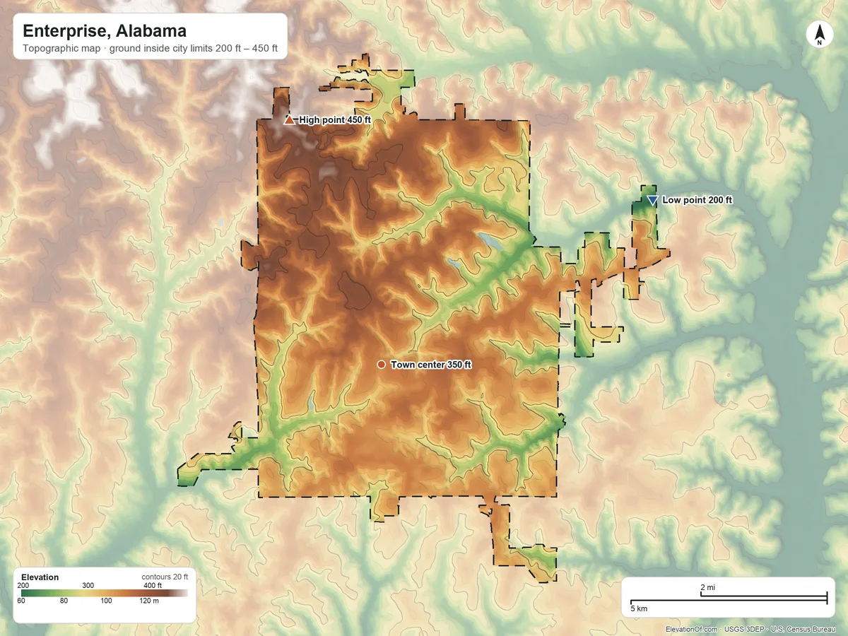 Topographic elevation map of Enterprise, Alabama, shaded from 200 ft on the northeast side to 450 ft on the north side