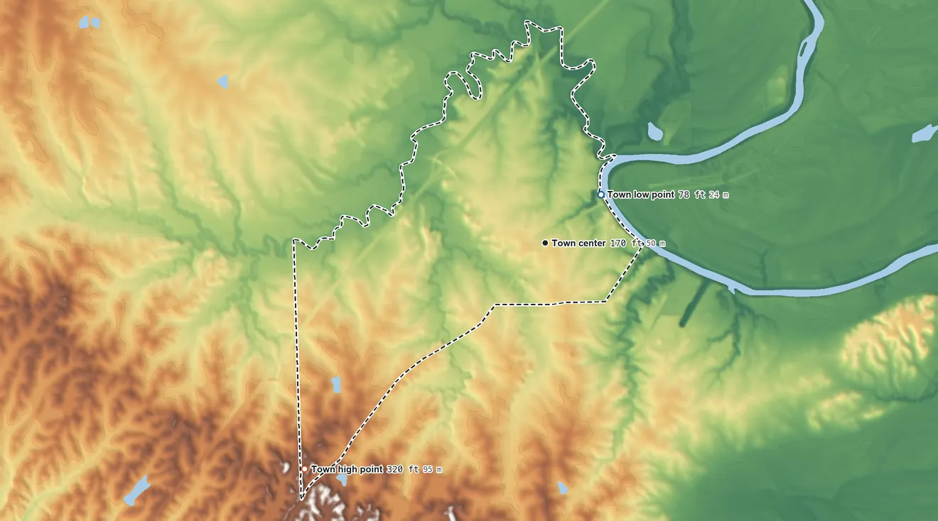 Topographic elevation map of Epes, Alabama, shaded from 78 ft on the northeast side to 320 ft on the southwest side