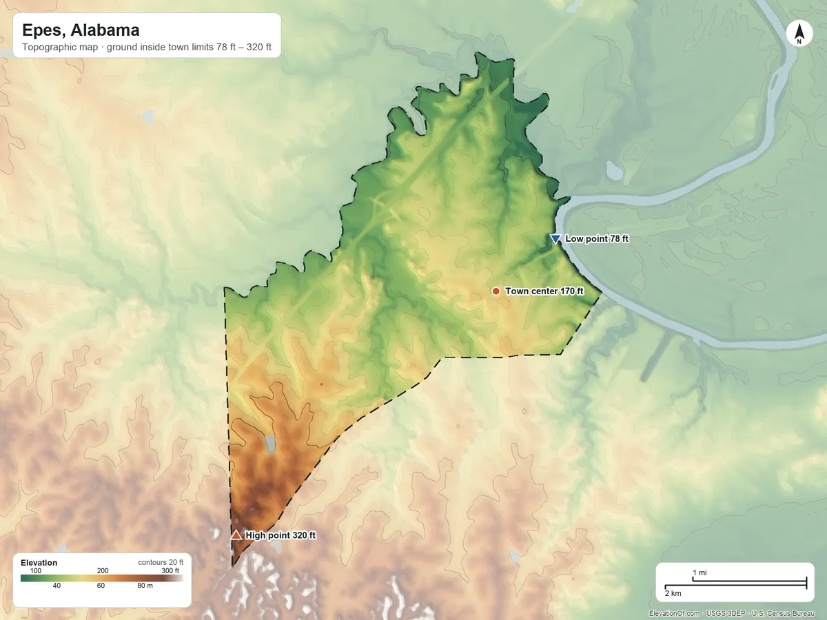 Topographic elevation map of Epes, Alabama, shaded from 78 ft on the northeast side to 320 ft on the southwest side