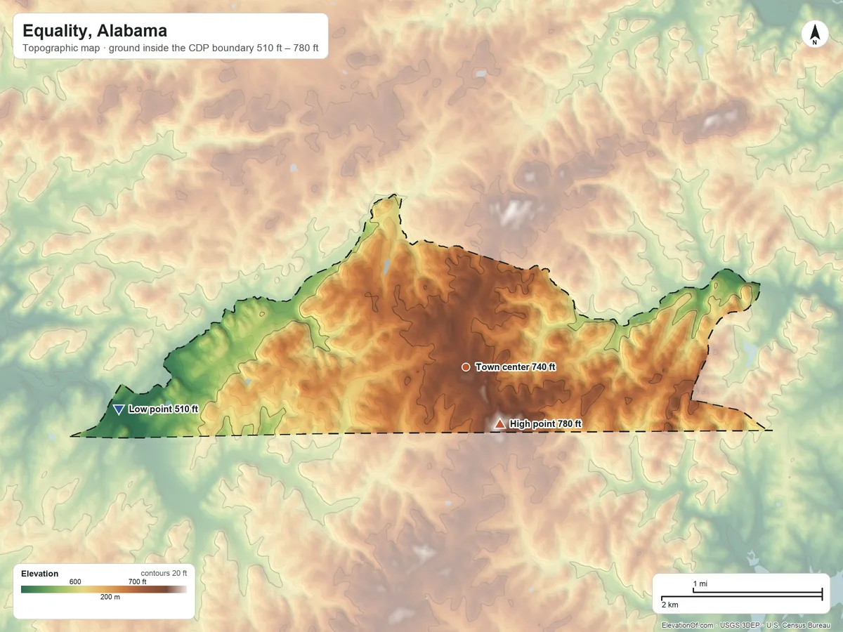 Topographic elevation map of Equality, Alabama, shaded from 510 ft on the west side to 780 ft near the middle