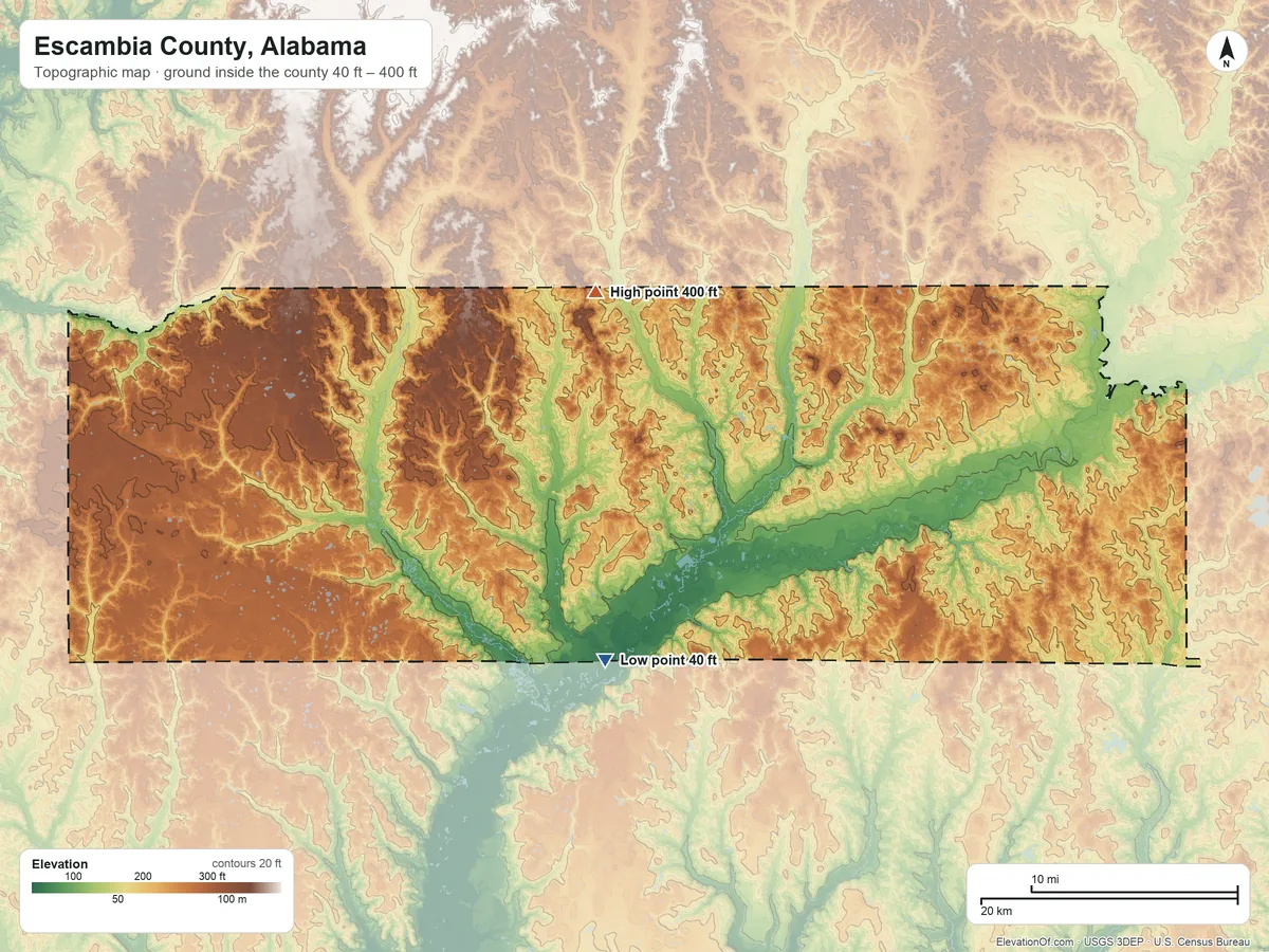 Topographic elevation map of Escambia County, Alabama, shaded from 40 ft on the south side to 400 ft on the north side