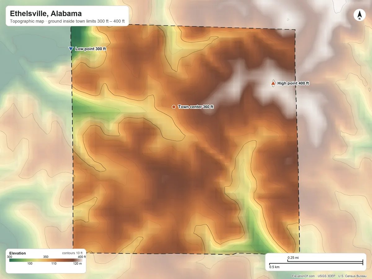Topographic elevation map of Ethelsville, Alabama, shaded from 300 ft on the northwest side to 400 ft on the east side