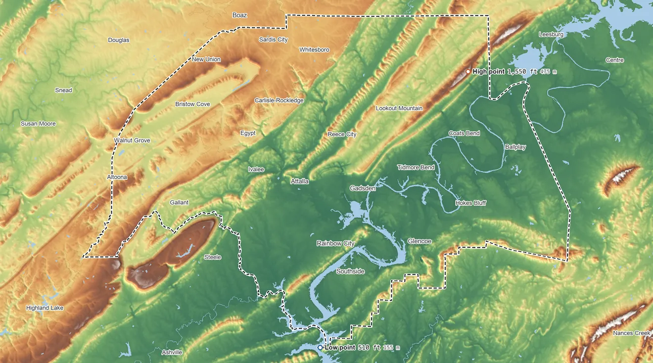 Topographic elevation map of Etowah County, Alabama, shaded from 510 ft on the south side to 1,550 ft on the northeast side