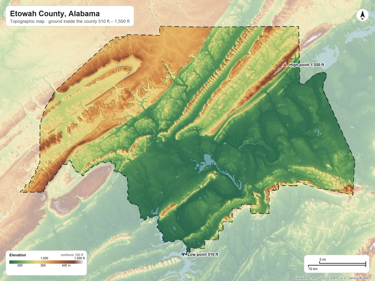 Topographic elevation map of Etowah County, Alabama, shaded from 510 ft on the south side to 1,550 ft on the northeast side